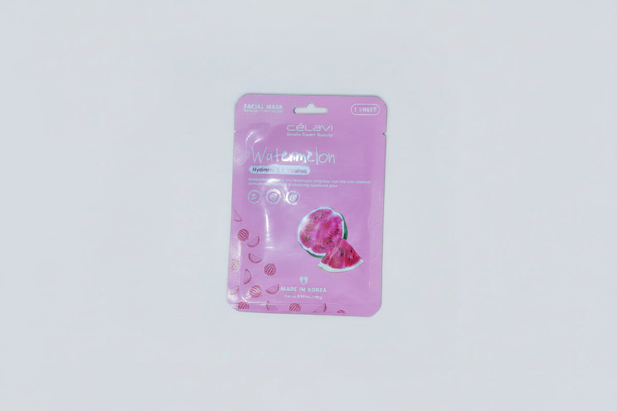 Celavi Watermelon Facial Mask sheet packaging in pink, featuring a watermelon slice illustration and text indicating it is a hydrating sheet mask.