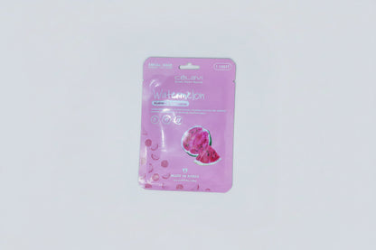 Celavi Watermelon Facial Mask sheet packaging in pink, featuring a watermelon slice illustration and text indicating it is a hydrating sheet mask.